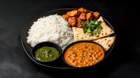 Traditional Indian curry plate with butter chicken, steamed basmati rice, naan bread, mint chutney and creamy masala sauce served on black platter against dark background.