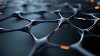 Dark metallic honeycomb mesh structure with glowing orange light elements creates futuristic technological pattern. Abstract network background for tech designs.
