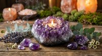 Purple amethyst crystal candle holder with lit candle surrounded by healing stones and natural elements on wooden surface for meditation and wellness.
