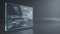Global analytics and data flow concept displayed on transparent digital screen with network visualization and glowing blue edges, suitable for technology, business intelligence, and data science presentations.