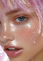 Close-up portrait with bright blue eye, pink hair, and dewy glowing skin with water droplets and glossy makeup creating fresh, radiant beauty look.