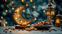 Glowing decorative crescent moon lantern with dates, nuts and traditional lanterns against bokeh lights background, Ramadan and Eid celebration atmosphere.