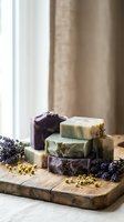 Handmade natural soap bars with dried lavender and chamomile flowers on rustic wooden cutting board for spa and skincare routines.