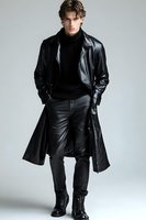 Handsome young Caucasian man in black leather coat and turtleneck sweater posing confidently in studio for fashion photography and menswear advertising.