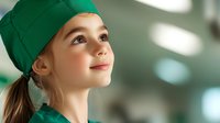 Young girl wearing green surgical cap looking up with hopeful expression in medical setting, soft natural lighting creates inspiring healthcare atmosphere.