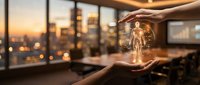 Business hands protecting glowing lightbulb with human figure inside symbolizing innovation, leadership protection and talent management in modern office.
