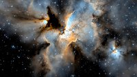 Dramatic cosmic nebula with swirling clouds of gas and dust illuminated by starlight, featuring vibrant orange and blue hues against deep space background.