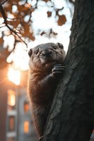 Curious otter peeking from behind tree trunk in warm autumn sunlight with blurred urban background and golden bokeh lighting effects.