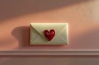 Sealed cream envelope with red heart wax seal on pink surface with soft shadows, romantic love letter concept for Valentine's Day or wedding design.