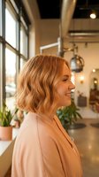 Young blonde woman with wavy bob haircut smiling in profile at modern hair salon with natural lighting and industrial decor for beauty and wellness concepts.