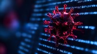 Red glowing coronavirus cell structure against digital code background, representing cyber threat and computer virus concept in modern technology.