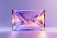 Glass envelope symbol with holographic iridescent effect on purple background, modern minimalist design concept for digital communication and mail service.