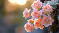 Delicate pink succulent flowers blooming on branch with warm golden sunlight creating dreamy bokeh background for spring garden and botanical themes.