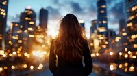 Young woman with long wavy hair standing in urban cityscape at sunset with glowing lights and skyscrapers creating bokeh effect for lifestyle concepts.