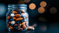 Glass jar filled with mixed nuts almonds walnuts pecans healthy snacking food storage pantry organization with warm bokeh lights background.