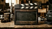 Vintage film clapperboard with worn black and white stripes on wooden studio table surrounded by cinema equipment and production gear.