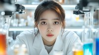Young Asian female scientist in white lab coat conducting research in modern laboratory with colorful liquid samples and glassware on workbench.