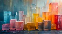 Colorful translucent cubes arranged in ascending order creating geometric composition with light effects, orange and blue tones dominate abstract minimalist setup.