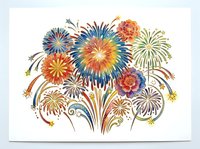Colorful fireworks bursting in vibrant display with gold, blue, orange and red explosions isolated on white background, suitable for celebrations, events, and festive design projects.