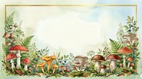 Watercolor forest mushrooms and ferns frame with empty space for text, featuring amanita and porcini fungi with wild berries and foliage.