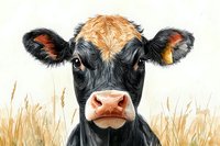 Close up portrait of black and ginger dairy cow with expressive eyes against wheat field background, artistic farm animal illustration for rustic decor.