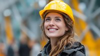 Happy female construction worker in yellow hard hat smiling at camera on building site. Professional woman engineer architect contractor safety equipment workplace.