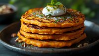 Golden sweet potato pancakes stack topped with cream and fresh herbs on rustic plate for breakfast menu and healthy cooking recipes.