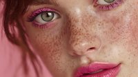 Close-up portrait of young Caucasian woman with freckles and pink makeup featuring glossy lips and colorful eyeshadow for beauty and cosmetics concepts.
