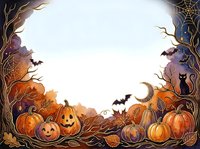 Halloween autumn frame with pumpkins, bats, black cat and spider web on white background for seasonal design and party invitations.