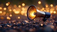 Glowing megaphone lying on rocky ground with warm bokeh lights in background creates atmospheric mood for communication and announcement concepts.