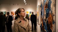 Middle-aged Caucasian woman in beige trench coat admiring abstract artwork at contemporary art gallery opening with visitors in background.