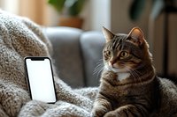 Tabby cat lying on cozy gray blanket next to smartphone with blank white screen, looking away. Modern lifestyle scene showing pet and technology at home.