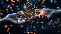 Magical moment of two hands almost touching with glowing sparkles and bokeh lights floating between them against dark background, creating ethereal atmosphere.