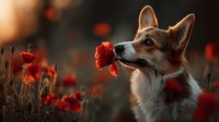 Welsh Corgi dog holding red poppy flower in mouth against blurred background of poppy field at sunset, creating romantic atmosphere.