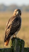 Bald eagle perched on weathered wooden post in natural habitat, displaying brown and white plumage with intense gaze, suitable for wildlife and nature editorial use.