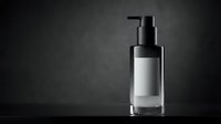 Black cosmetic pump bottle with blank white label on dark background for skincare product branding and packaging design mockup.