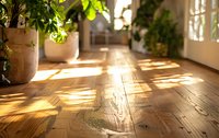 Warm sunlight streaming through windows casting geometric shadows on rustic wooden floor, with green potted plants creating cozy home atmosphere in morning light.
