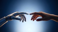 Robotic and human hands reaching toward each other with glowing particles, symbolizing AI and humanity connection on blue background.