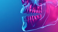 Neon colored human skull profile showing detailed dental anatomy with vibrant pink and blue gradient lighting for medical education or creative design.