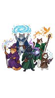 Anthropomorphic cats dressed as wizards and witches casting magical spells with wands, surrounded by swirling enchantments and mystical elements for fantasy illustration and children's book design.