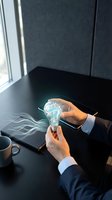 Businessman holding a glowing light bulb with futuristic energy waves at a dark office desk, symbolizing innovation and creative thinking.