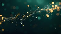 Glowing network connections with golden light particles floating on dark green background, abstract technology concept visualization for digital presentations.