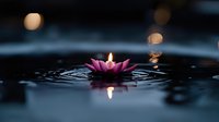 Pink lotus-shaped floating candle creating ripples on dark water surface with bokeh lights in background, serene spa atmosphere for meditation and relaxation.