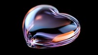 Glossy metallic heart shape with smooth reflective surface and iridescent purple and orange light effects on black background, suitable for romantic designs.