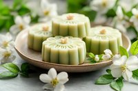 Green tea mooncakes with floral pattern on wooden plate surrounded by white jasmine flowers and green leaves for Mid-Autumn Festival celebration.