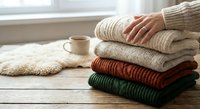 Woman's hand touching stack of cozy knitted sweaters in neutral autumn colors on wooden table with coffee cup creating warm hygge atmosphere at home.