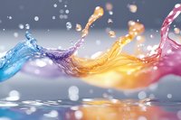Colorful liquid splashes colliding in mid-air creating dynamic waves of blue, purple, yellow and pink fluid with water drops and bokeh effect on gray background.