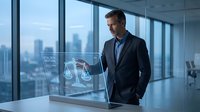 Professional businessman in suit interacting with holographic legal scales interface in modern office overlooking city skyline for corporate law technology.