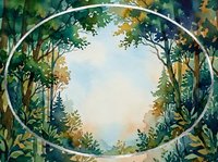 Watercolor forest frame with lush green trees and soft sky, oval border with copy space for text, nature-themed greeting card or invitation design.