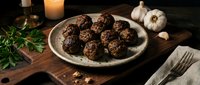 Homemade meatballs on rustic plate with herbs garlic and candle creating cozy dinner atmosphere on wooden table for comfort food recipes.